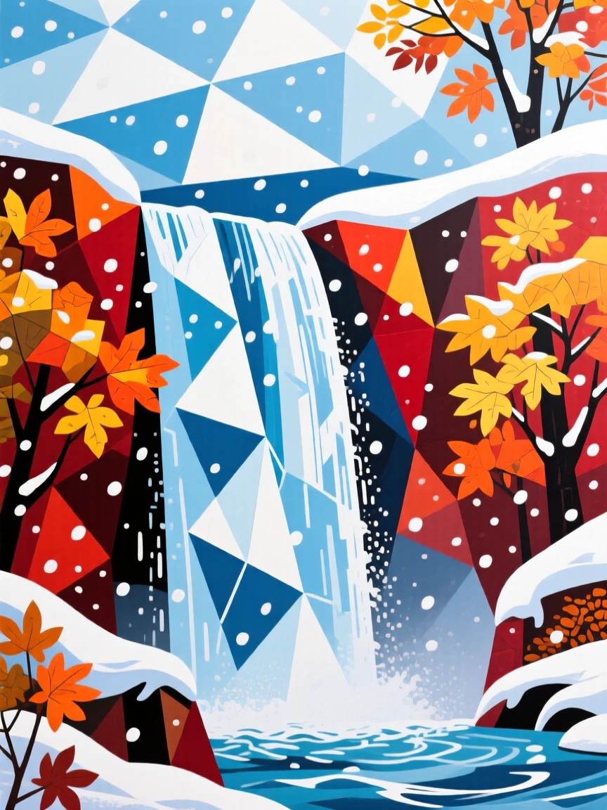 A candid medium shot of a cascading waterfall beneath a canopy of drifting snow, during vibrant autumn.