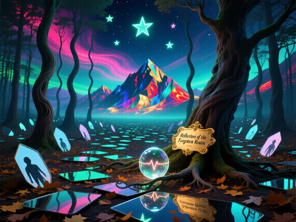 A forest floor carpeted with mirrors instead of fallen leaves glows softly from within as night settles over it, while distant mountains seem to shimmer like a mirage.
