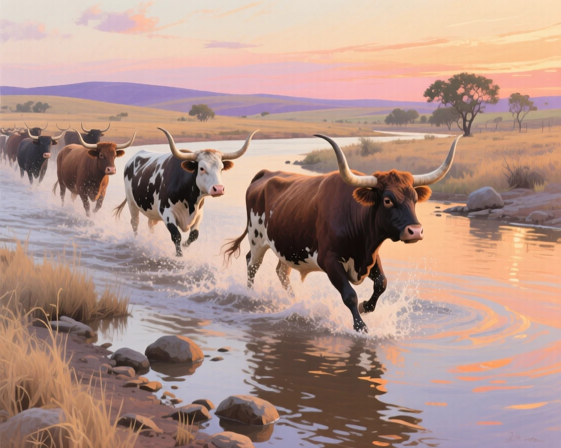 A herd of longhorn cattle crosses a shallow river on a Texas ranch, water splashing around their legs beneath a wide open sky, its posture alert yet relaxed, fully at ease within its natural surroundings.