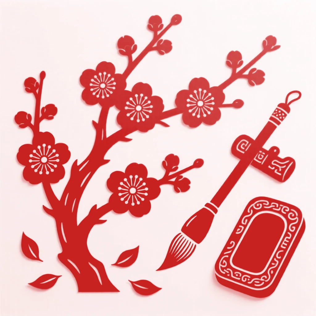 A branch of plum blossoms scattered with a few fallen petals on dark stone, beside a scholar's brush and inkstone.