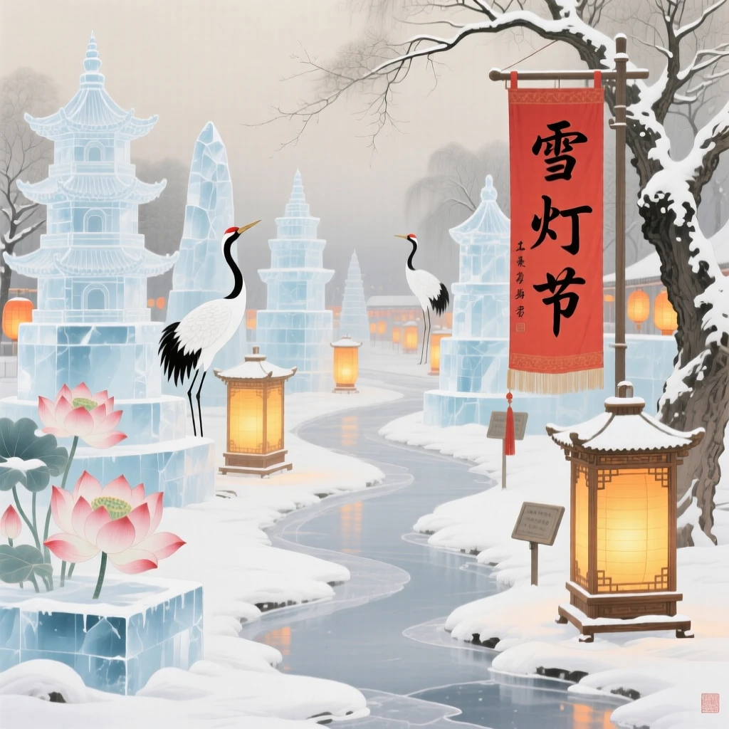 A snow lantern festival with glowing ice sculptures lining a frozen path