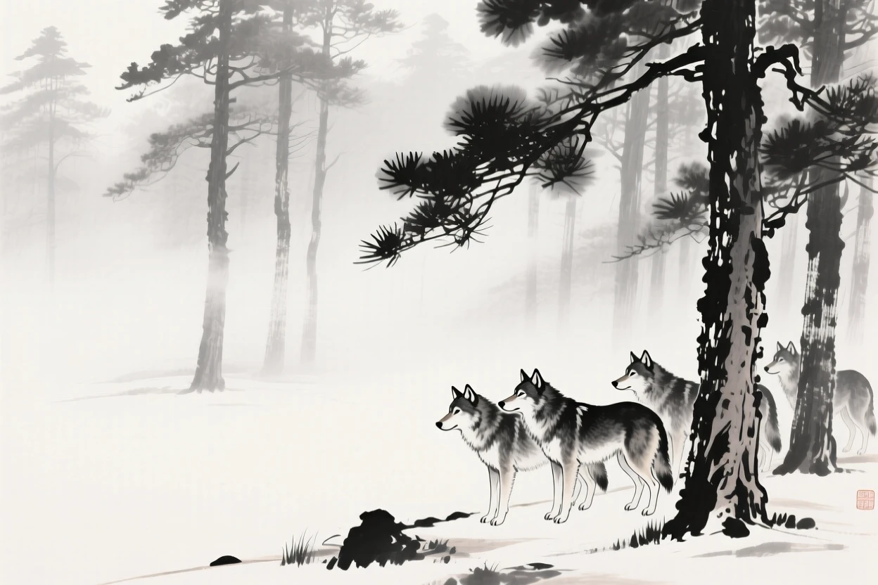 A pack of wolves pausing at the edge of a quiet clearing in a misty pine forest, viewed through a gentle veil of morning mist, suggesting calm alertness within a peaceful world.