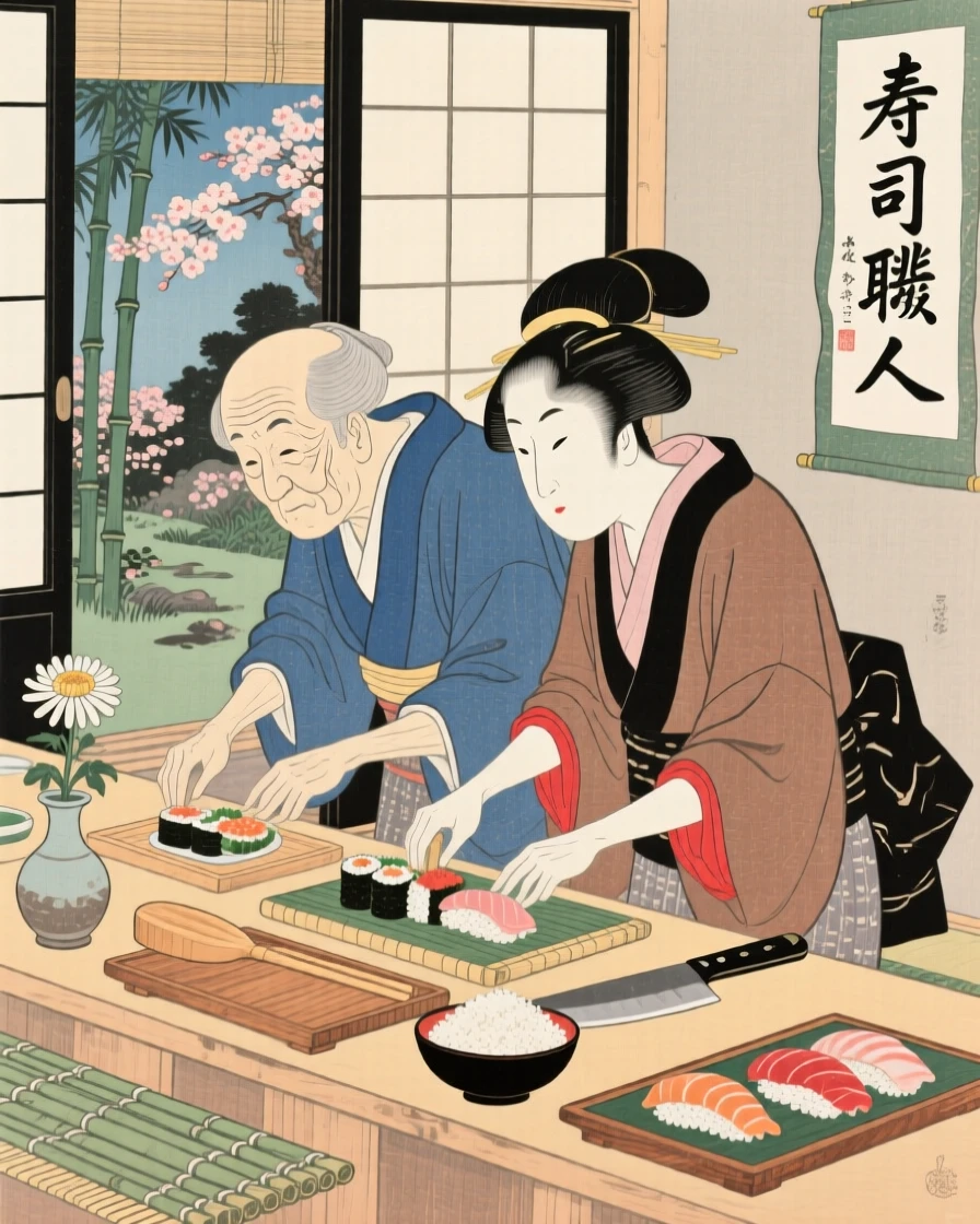 An elderly couple preparing sushi with precise movements behind a counter.