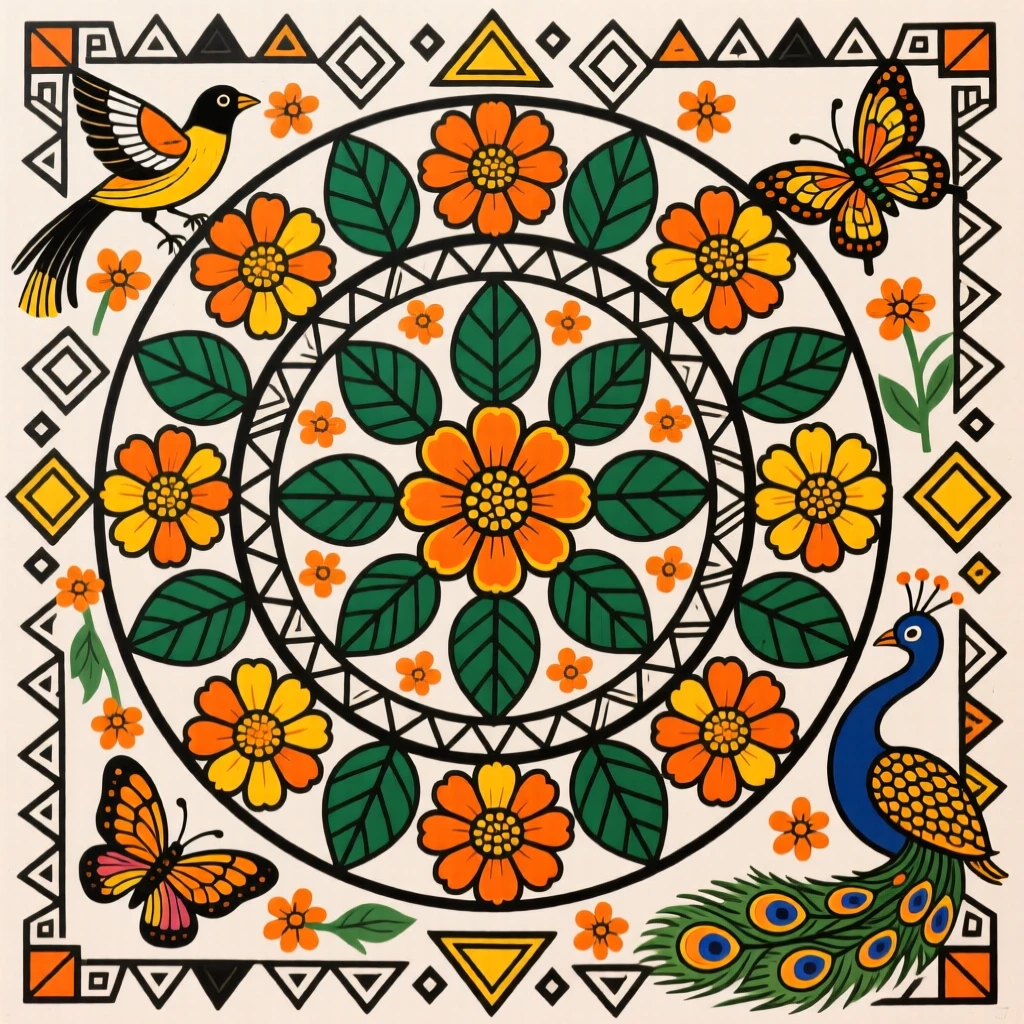 Concentric rings of marigolds laid out for a festival celebration.