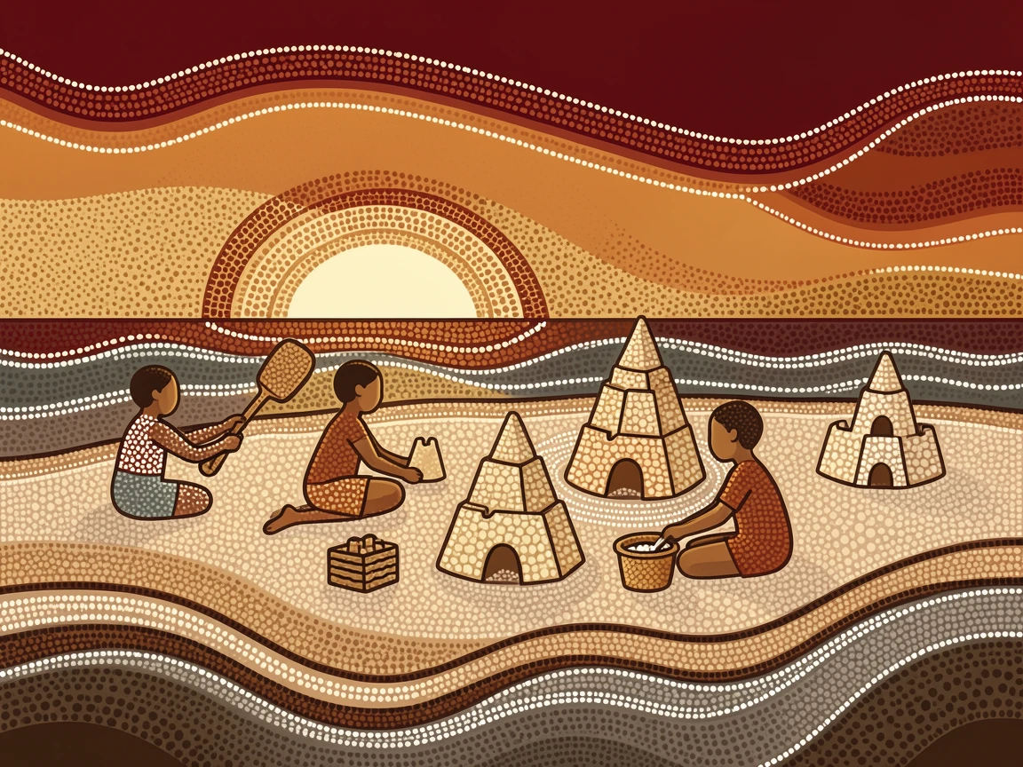 Children building sandcastles on a beach at sunset