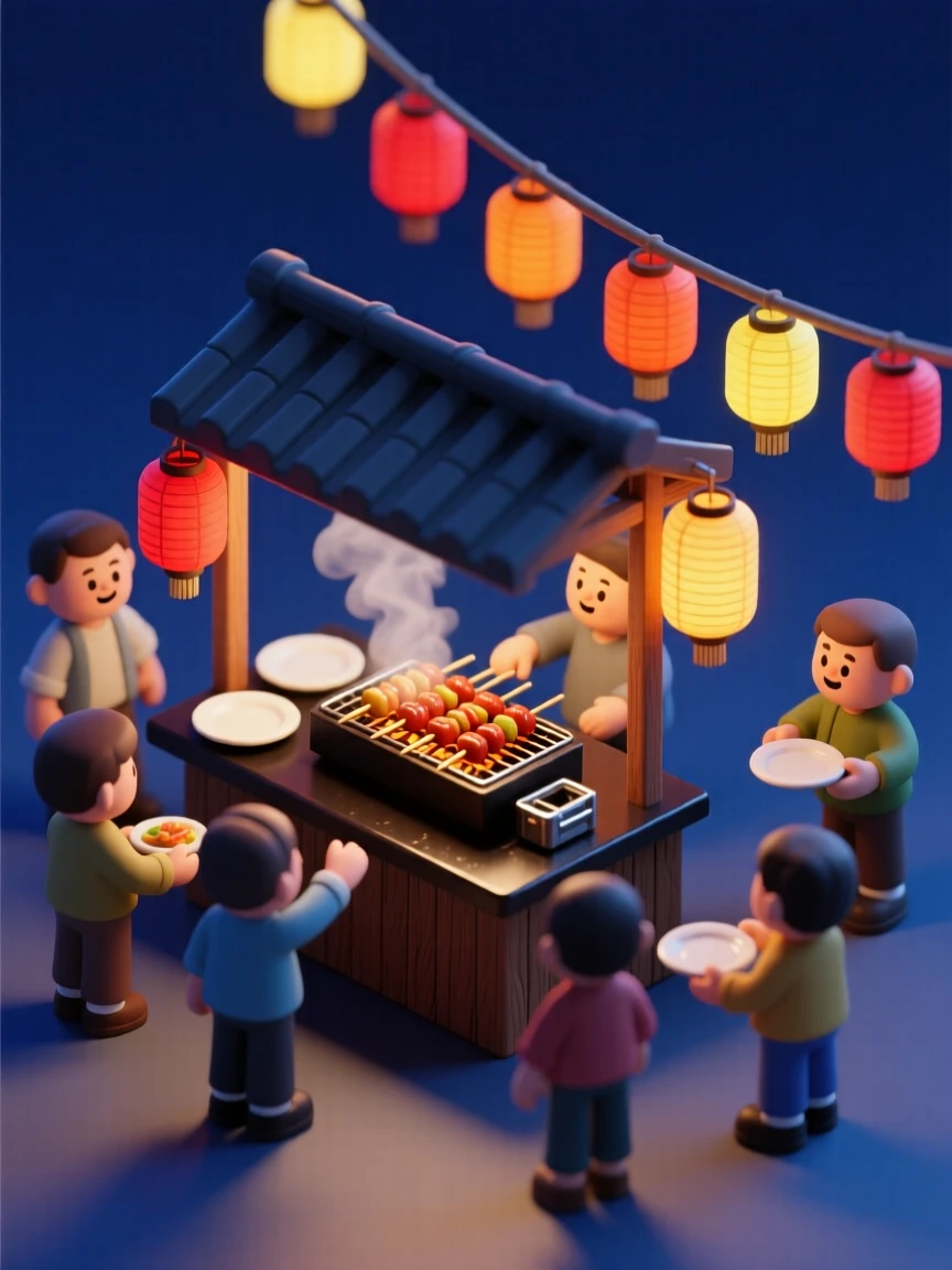 A bustling night market food stall with strings of paper lanterns overhead, sizzling skewers on a grill, and customers gathered around eagerly.