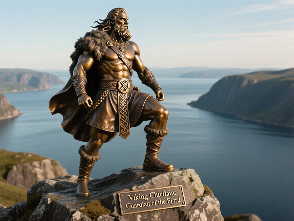 A viking chieftain gazing out over a fjord, with powerful, expressive body language, forming a strong central focal point