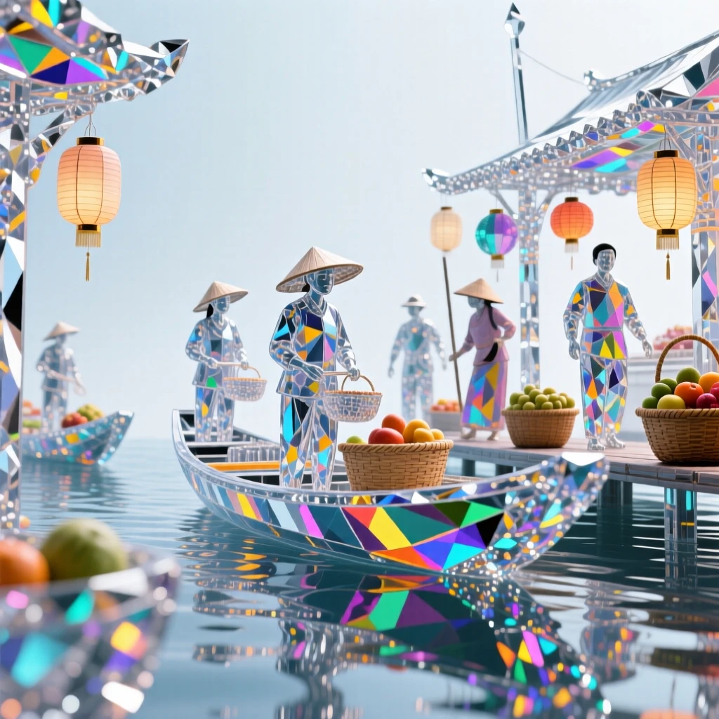 A traditional Vietnamese floating market seen from a low boat-level perspective.