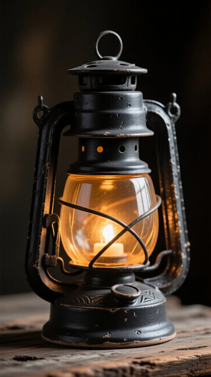 A lantern glowing softly in the dark staged with careful, artful precision, bathed in a nostalgic golden glow, conveying a cozy, storybook atmosphere.