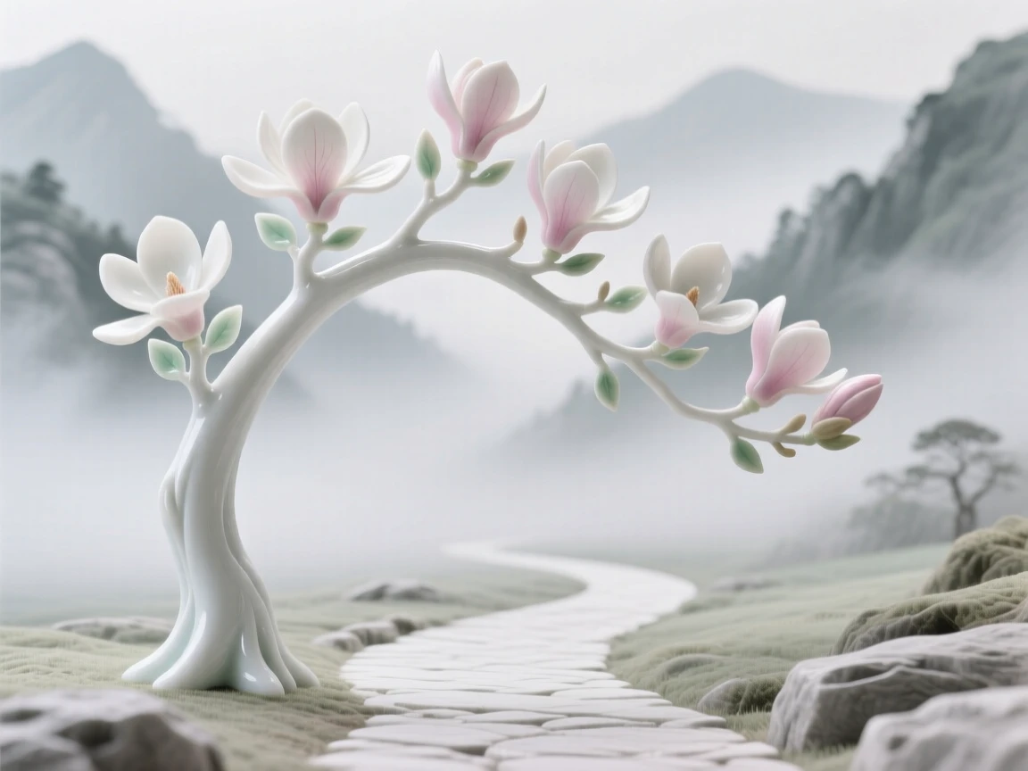 A blossoming magnolia tree arching gracefully over a quiet path in a misty mountain valley.