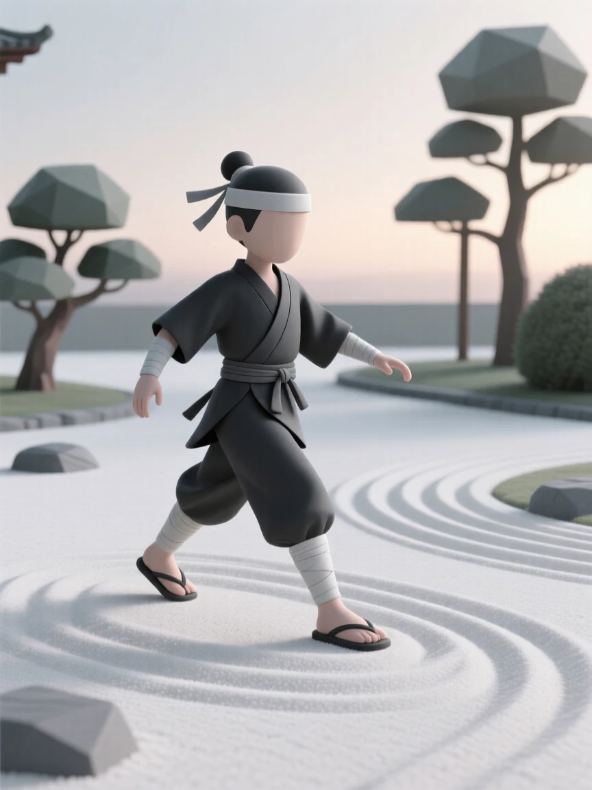 A young ninja apprentice practices silent footsteps across a garden of raked white sand at dawn.