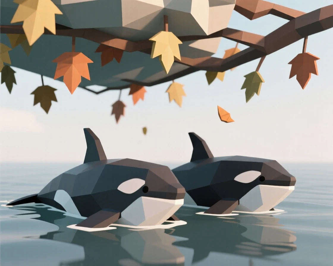 A pair of orcas swimming side by side, under a canopy of autumn color. soft natural light highlights every texture. It captures a fleeting moment of freedom.
