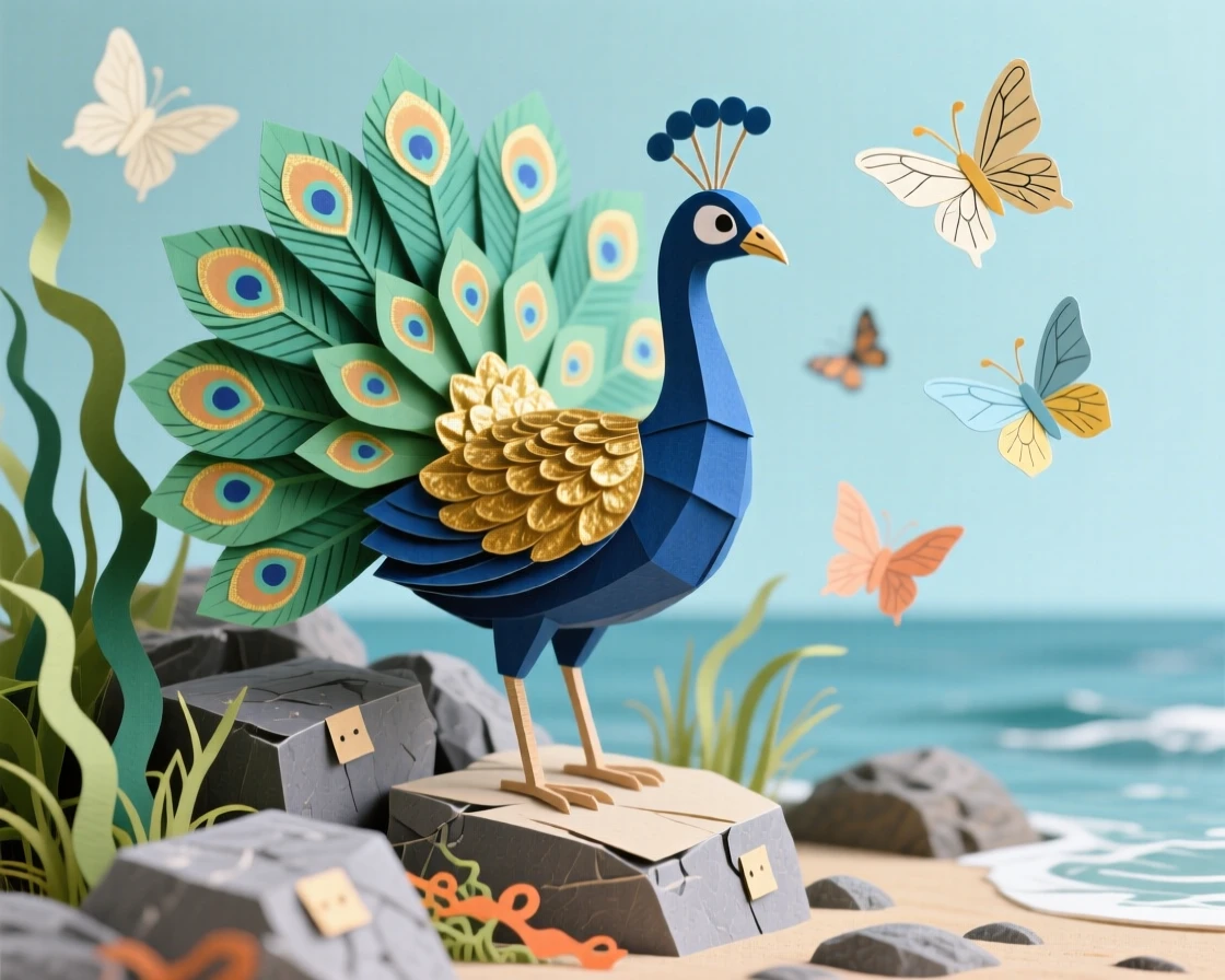 A regal peacock playing along a rocky shoreline, with butterflies fluttering nearby, capturing the wonder of the natural world.