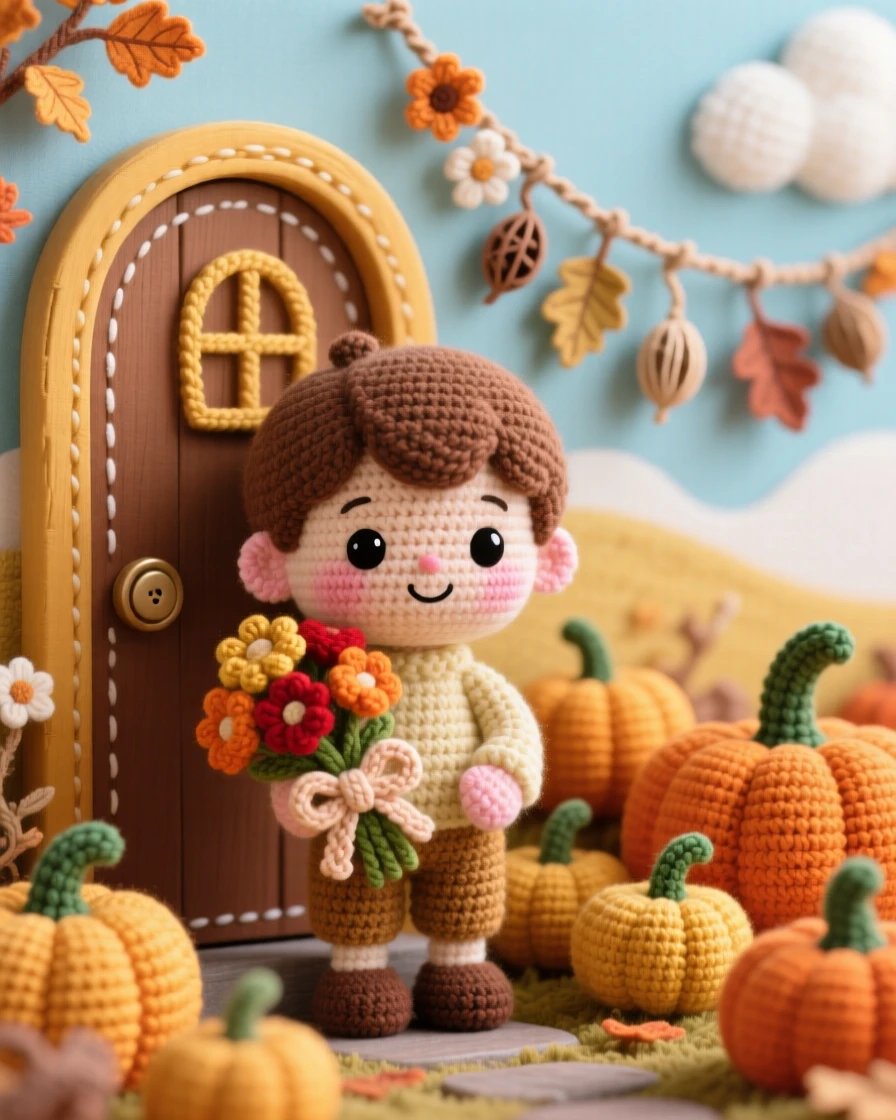A festive scene of a small boy holding a bouquet for Mother's Day with a shy, proud smile, presenting flowers at the front door within a golden pumpkin patch under a crisp autumn sky; a garland of dried flowers nearby, radiating nostalgic, storybook seasonal charm.
