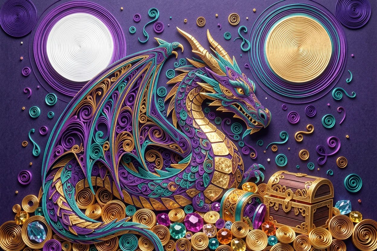 a majestic dragon curled protectively around a treasure hoard, beneath a sky filled with two glowing moons, composed with swirling magical particles filling the air, in a glowing palette of violet, teal, and gold.