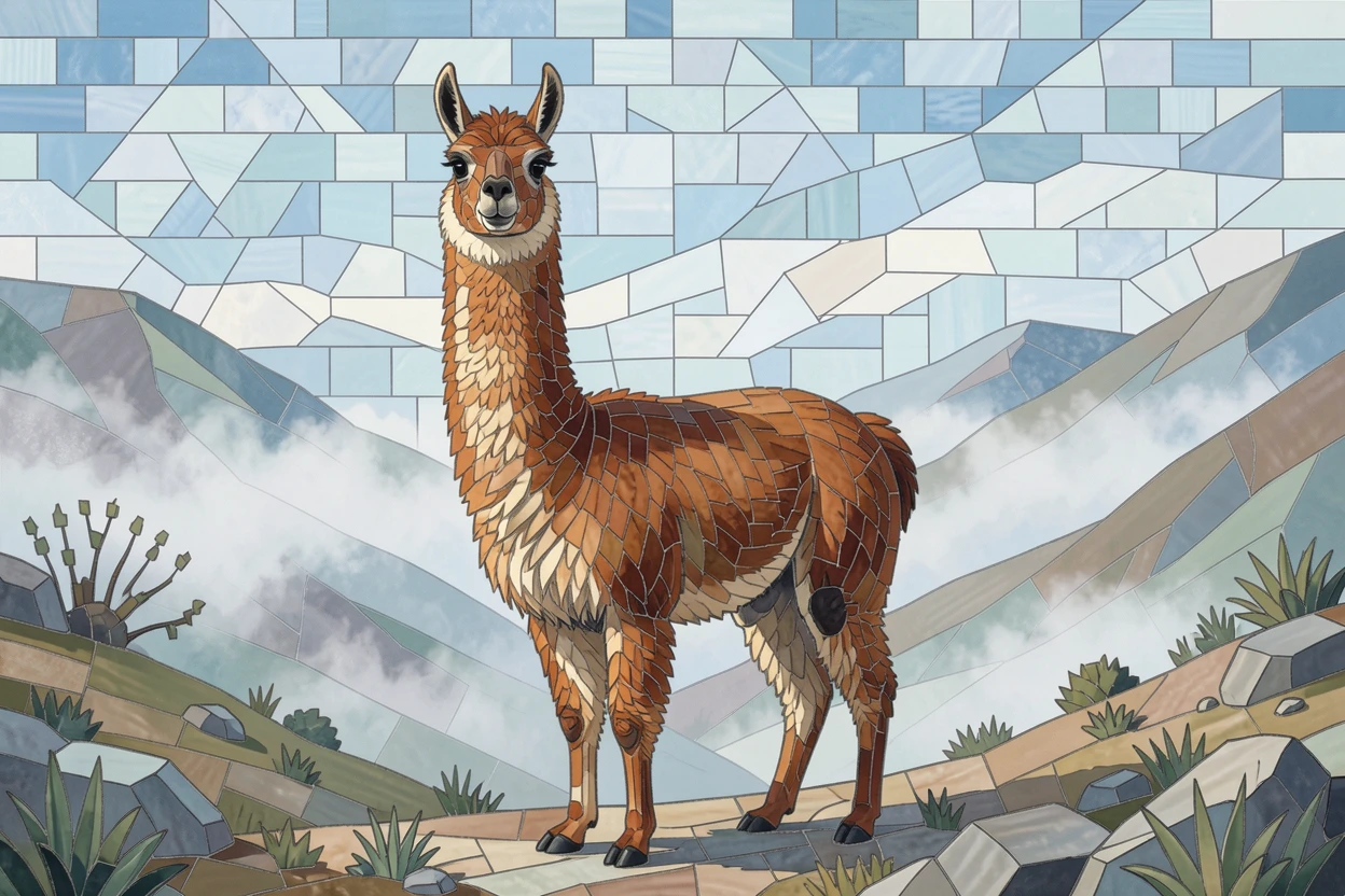A llama standing on a misty andean mountainside, captured in soft natural light with a shallow depth of field.