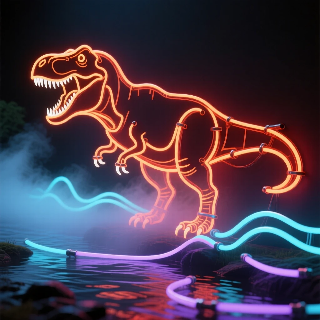 A Tyrannosaurus rex roaring beside a misty river.