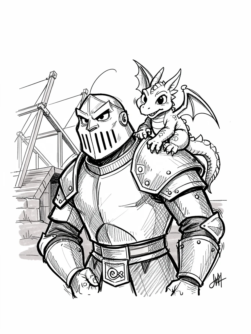 A tiny dragon riding on a knight's shoulder beside a drawbridge at dusk.