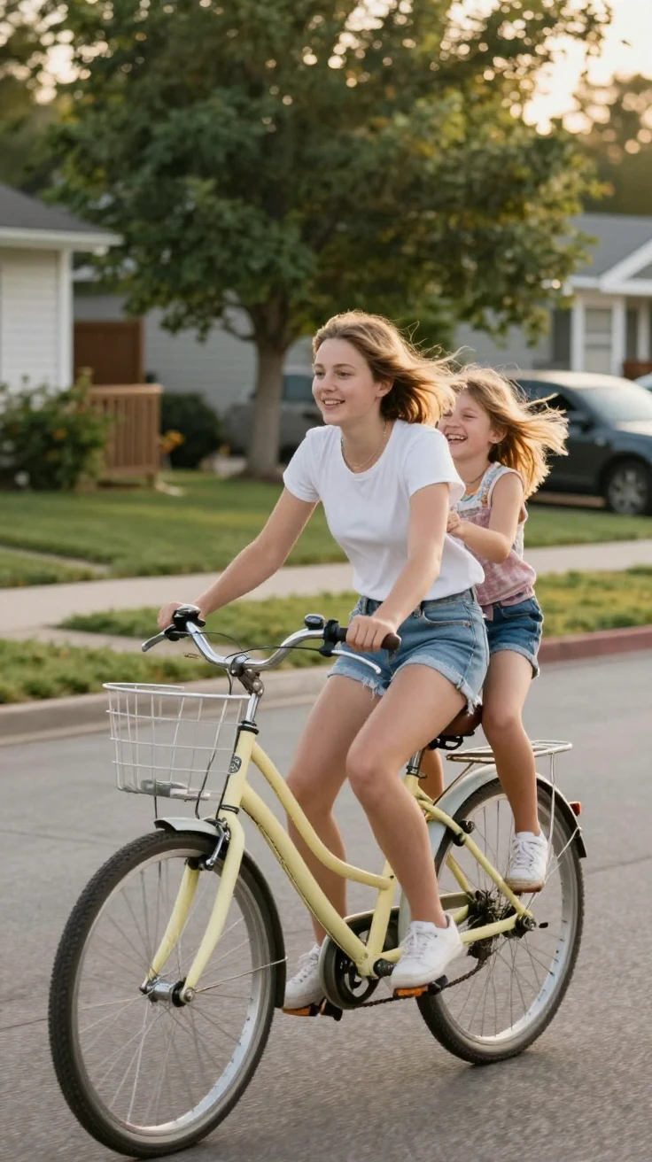 Two sisters share a single bicycle, one pedaling and one standing on the back pegs.