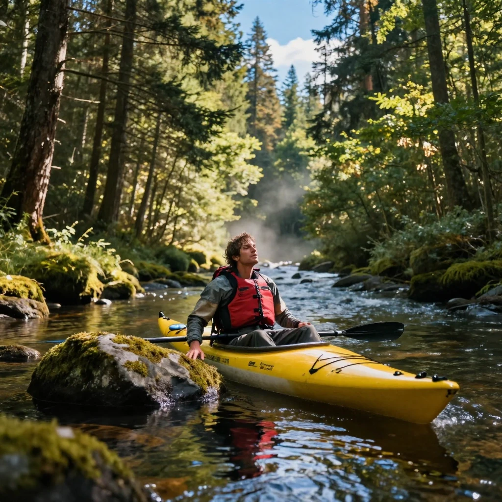 A solo kayaker pausing to catch their breath after a long effort along a forest trail