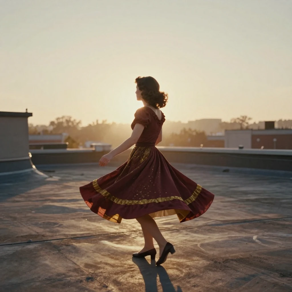 A young woman twirling in a full skirt on a sunlit rooftop, in the pale light just before sunrise, as heat shimmers over the ground, in the mild days of early autumn, with rich burgundy and gold accents, from behind, looking toward the horizon.