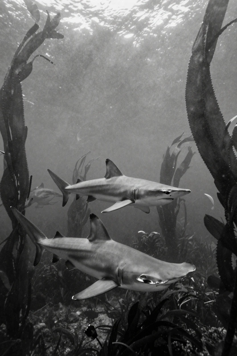 A school of hammerhead sharks circles slowly in open water near a sunlit kelp forest.