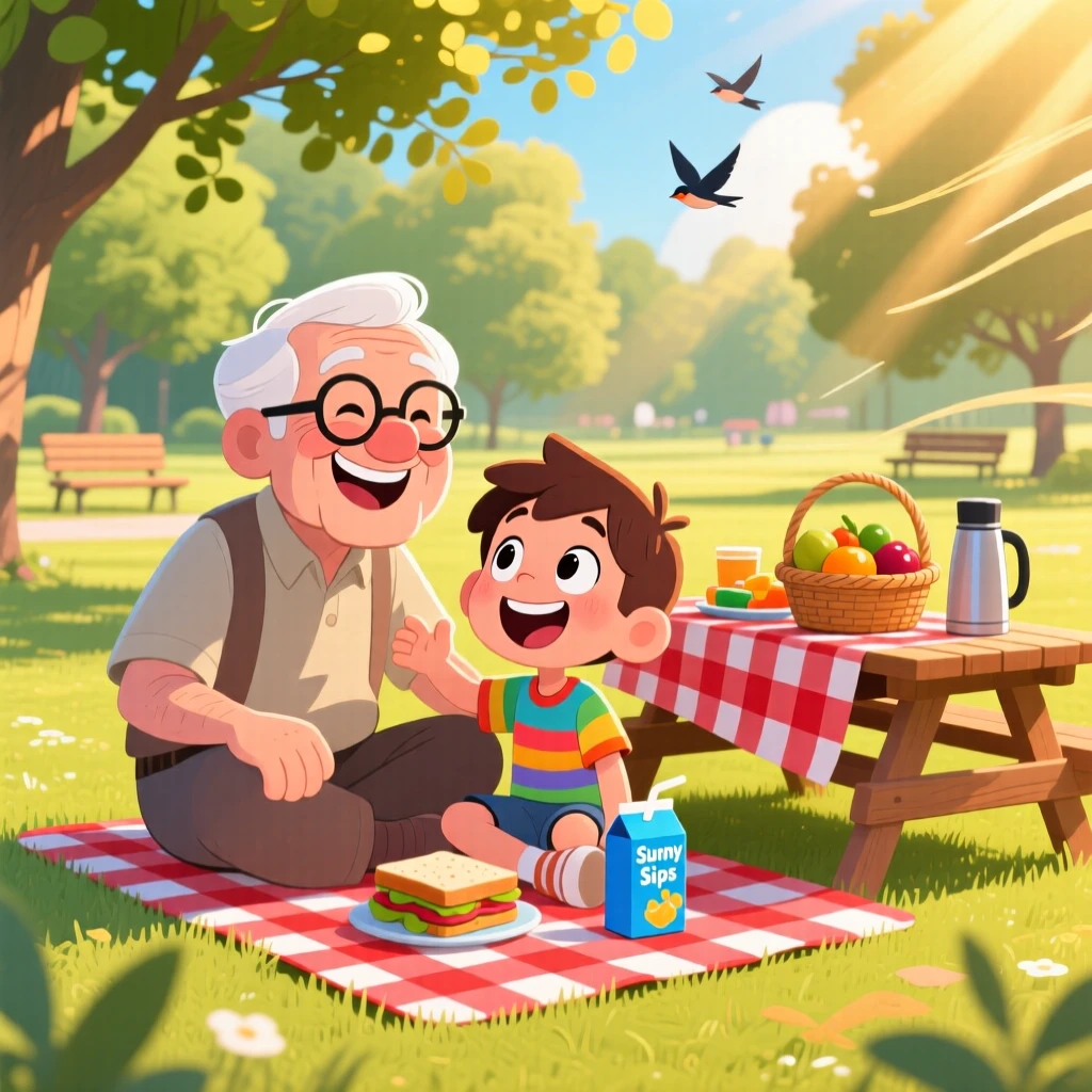 A heartwarming scene of a grandfather and his grandson having a picnic in the park with a wobbly tablecloth, as golden sunlight streams through the window.