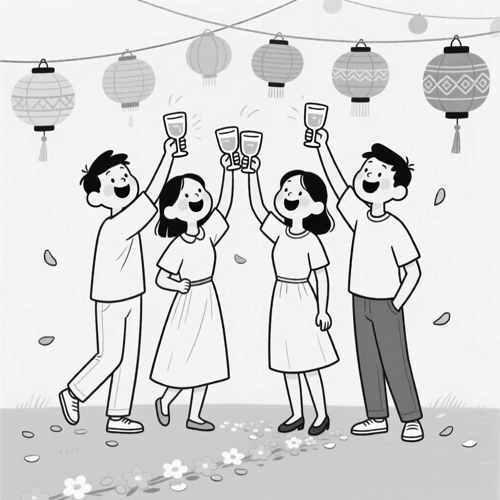 Friends clinking glasses in a joyful toast, raising glasses high with wide, genuine smiles, set beneath strings of colorful paper lanterns. A trail of flower petals leads toward the celebration. The scene overflows with communal joy and tradition.