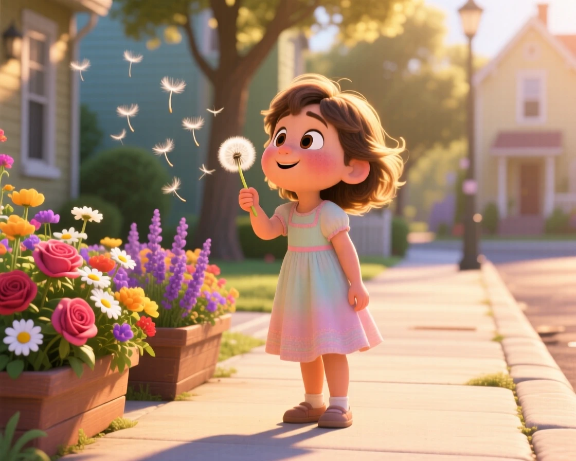 A little girl blowing dandelion seeds into the wind unfolds on a sunny sidewalk lined with flower boxes, with soft golden light framing the moment. The mood is triumphant, warm, and full of love.