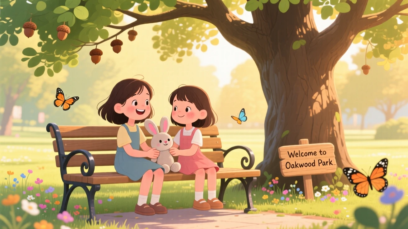 A girl and a shy new classmate share a tender moment returning a lost toy to its owner in a park bench under an old oak tree, with quiet gratitude in their eyes.