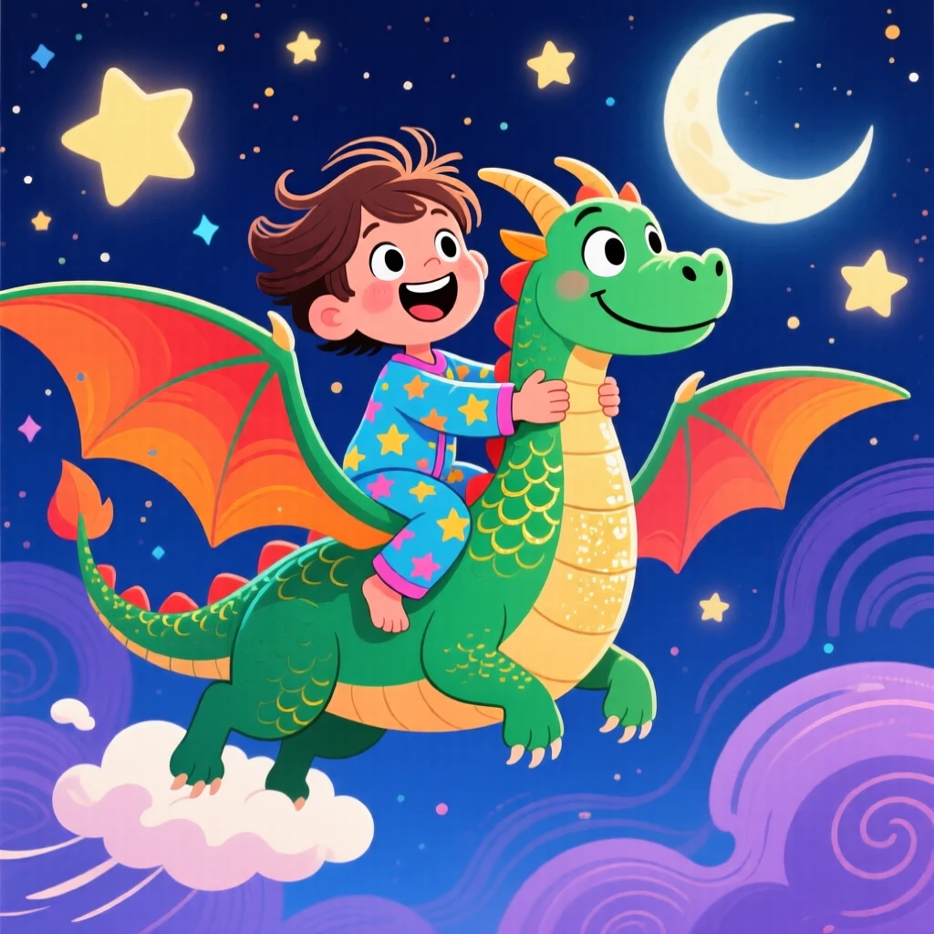 A child dreaming of flying on the back of a friendly dragon.