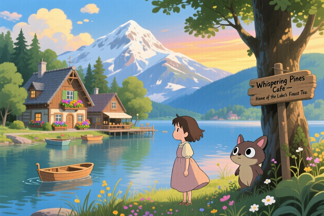 A scenic view of a lakeside resort town backed by snow-capped peaks, with distant mountains framing the skyline.