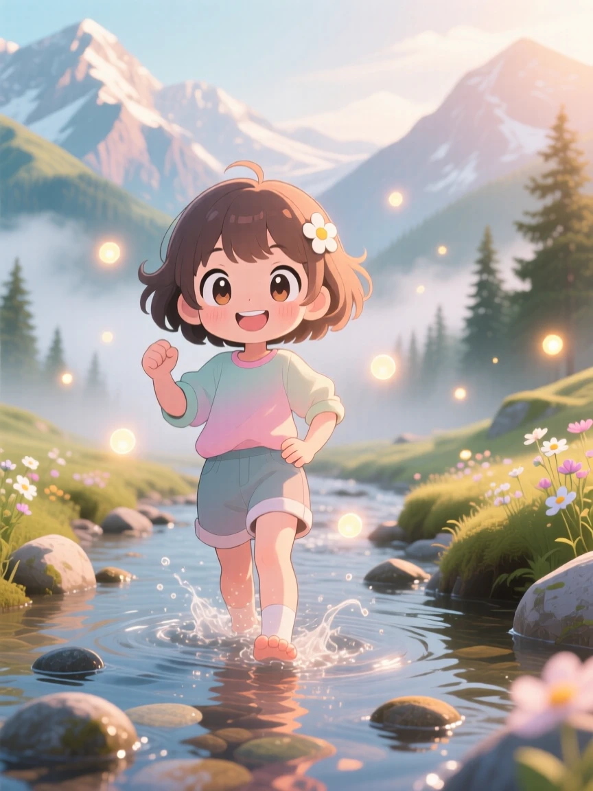 A young girl wading through a shallow mountain stream, framed as a symmetrical front-on view within a sunlit alpine valley, on a misty foggy morning, glowing under warm fairy-light glow, evoking triumphant pride.