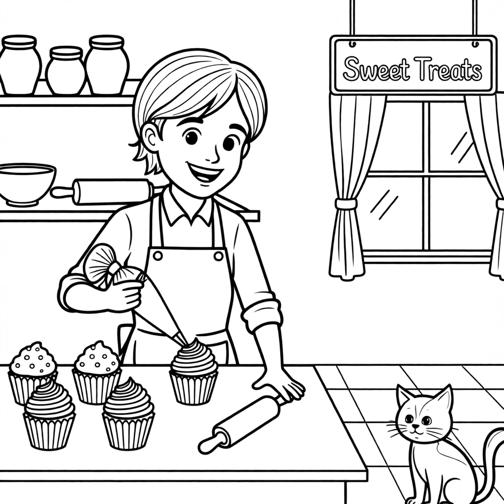 A baker decorating cupcakes in a cozy bakery