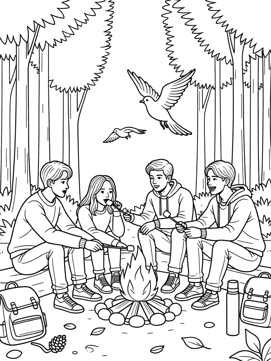 A group of friends roasting marshmallows over a campfire, with birds circling high above the treetops.