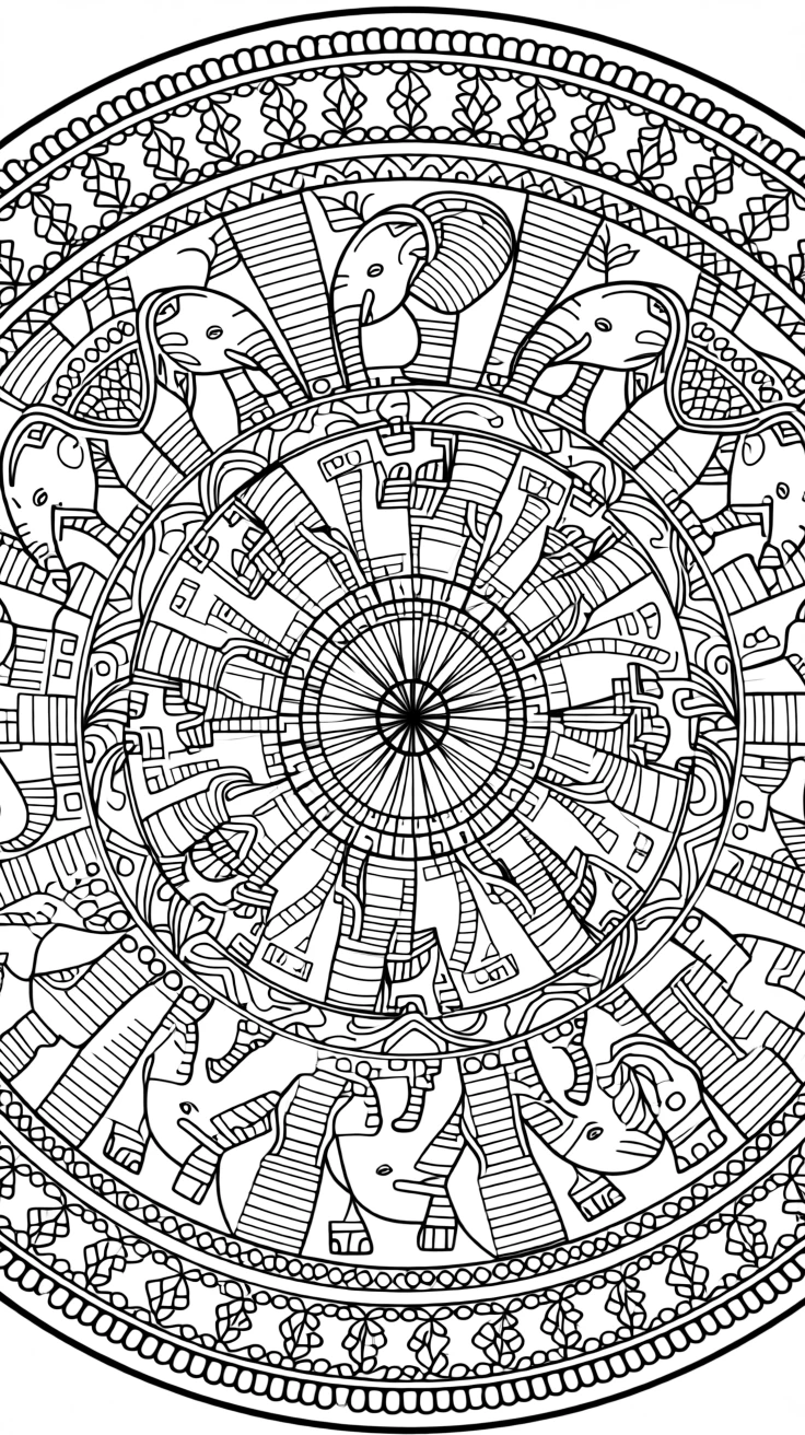 A mandala composed of nested elephant-motif carvings in rotational balance.