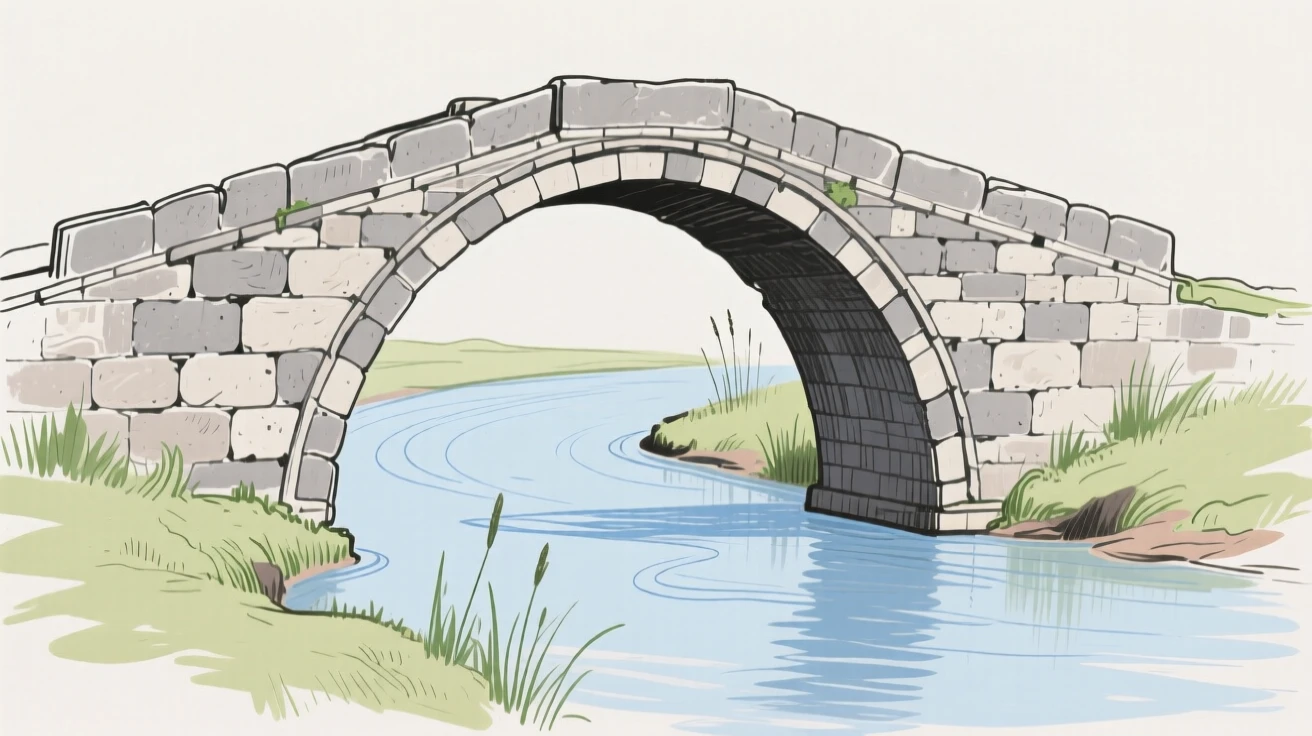 An ancient stone bridge arching over a quiet river.
