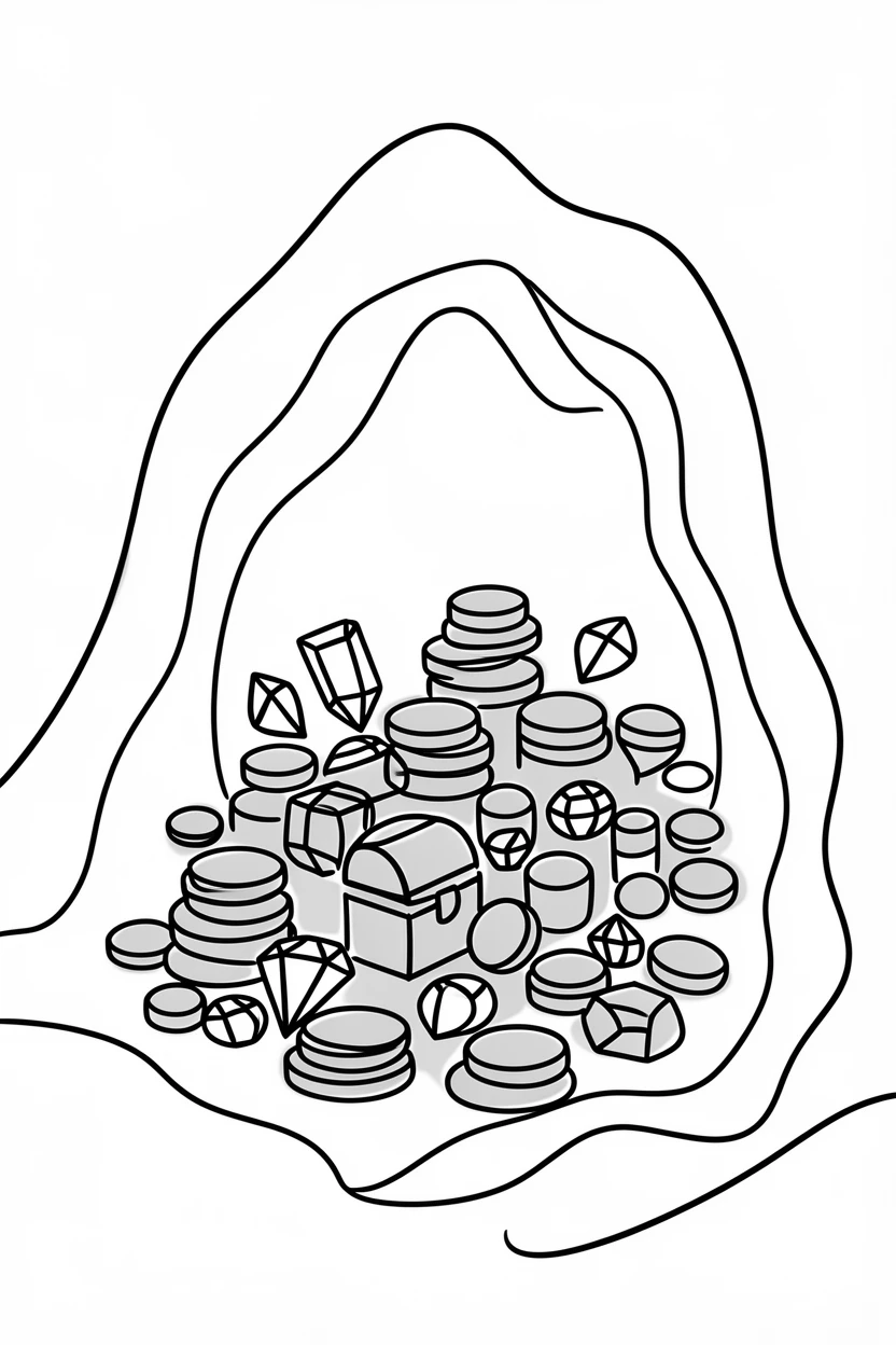 A dragon's hoard of gold and jewels piled inside a mountain cave
