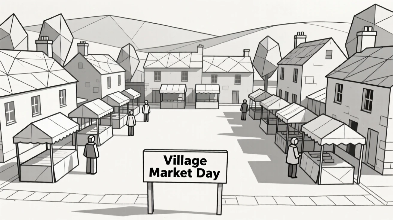 A quiet countryside town square on a market day