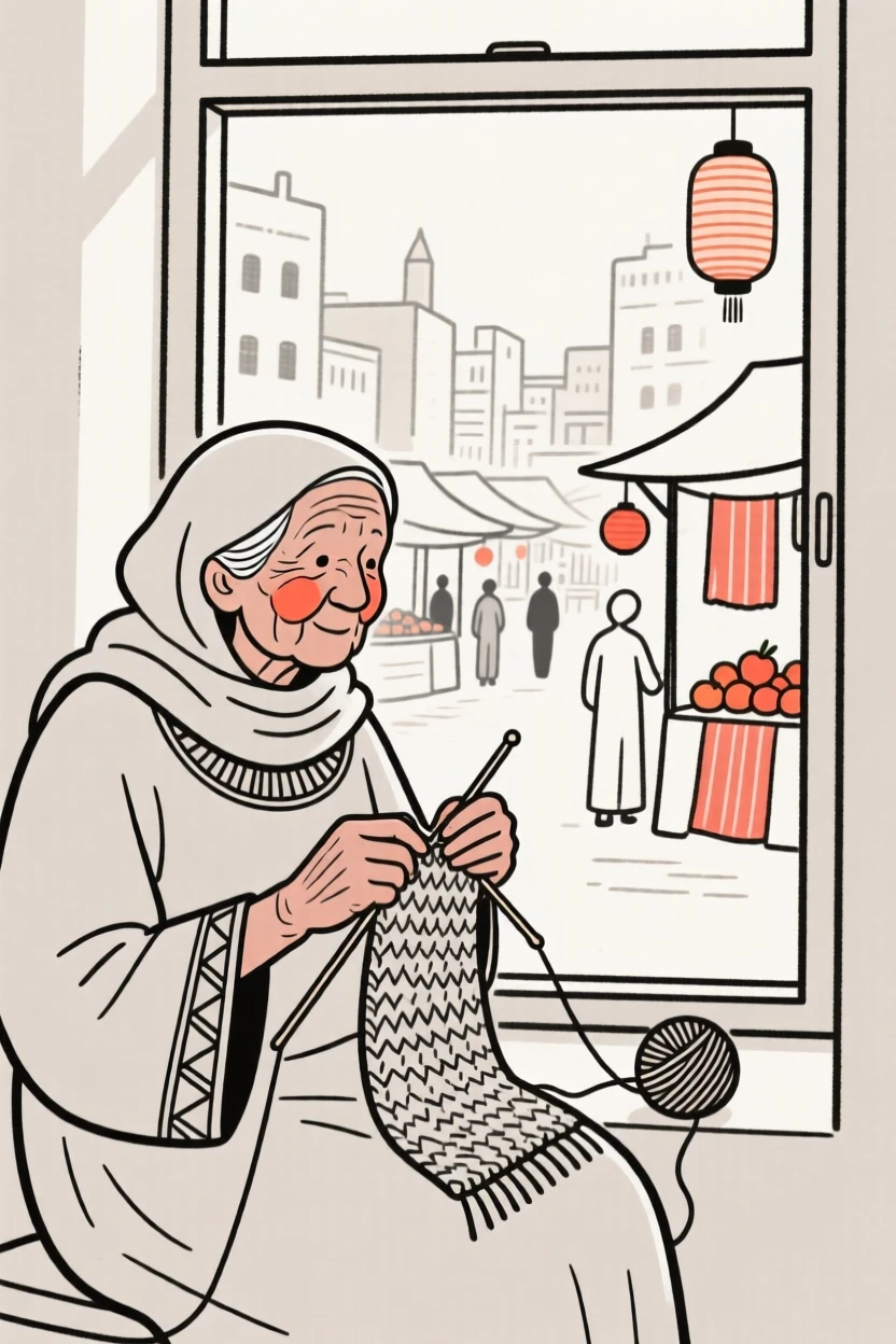 A grandmother of Egyptian heritage knitting a scarf by a window, in a bustling city market.