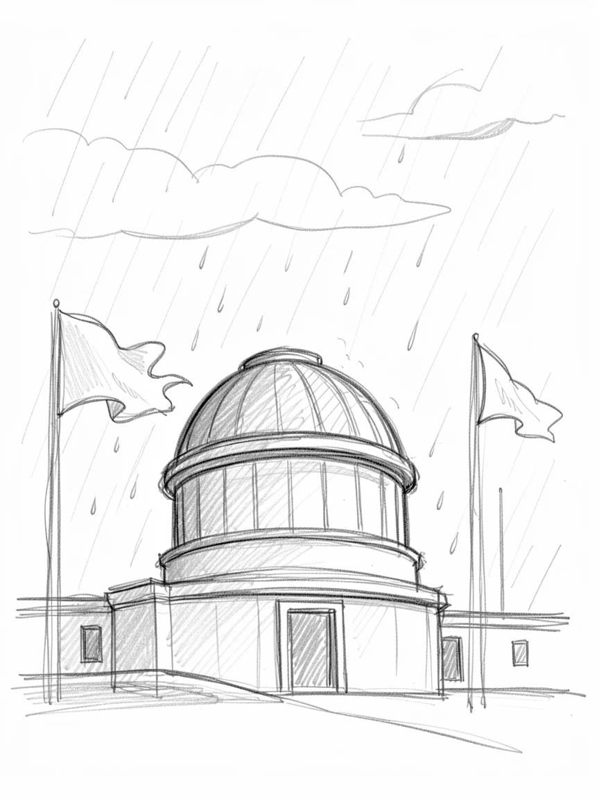 A domed observatory at night during a quiet rain shower, with flags gently fluttering in the breeze.