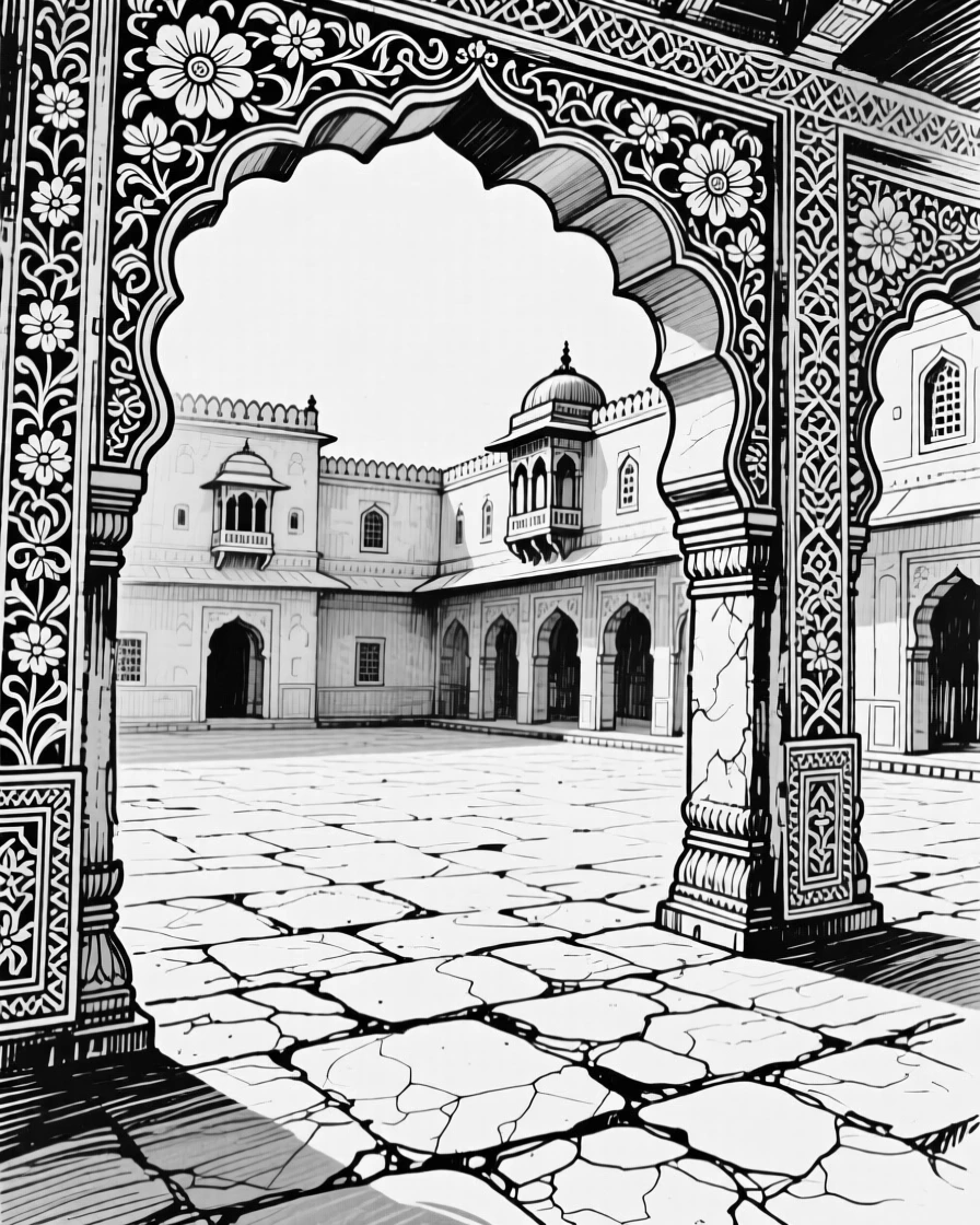 A traditional Indian palace courtyard with intricately carved sandstone archways.