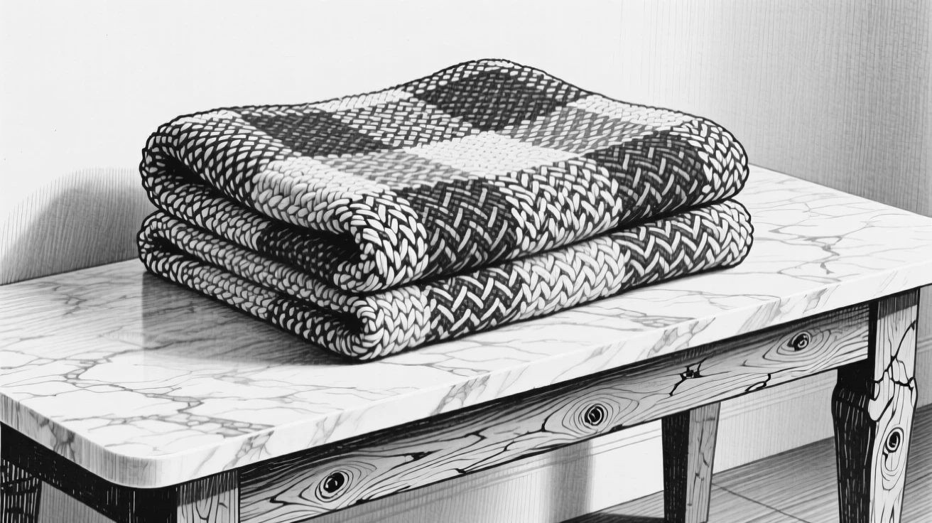 A woven wool blanket folded on a bench set on a marble countertop, with the texture of aged wood grain visible beneath it, forming a refined and understated still-life study.