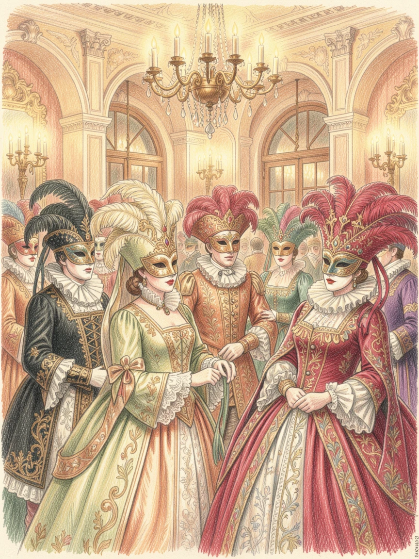 A Venetian masquerade ball filled with elegant costumes and candlelight, with careful attention to period-accurate clothing and setting, evoking a sense of timeless tradition and heritage.