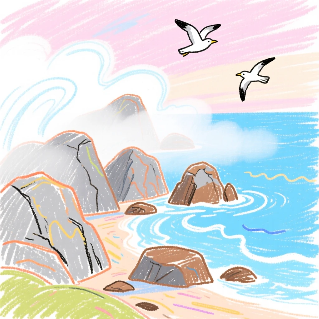 A view of a rocky coastline wrapped in a thin blanket of morning mist.