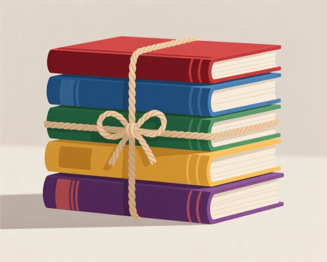 A stack of colorful hardcover books tied with twine, set against a soft neutral backdrop, arranged symmetrically for a balanced, pleasing look, with a clean, elegant simplicity.
