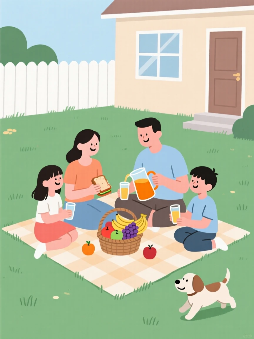 A family having a picnic together at home.