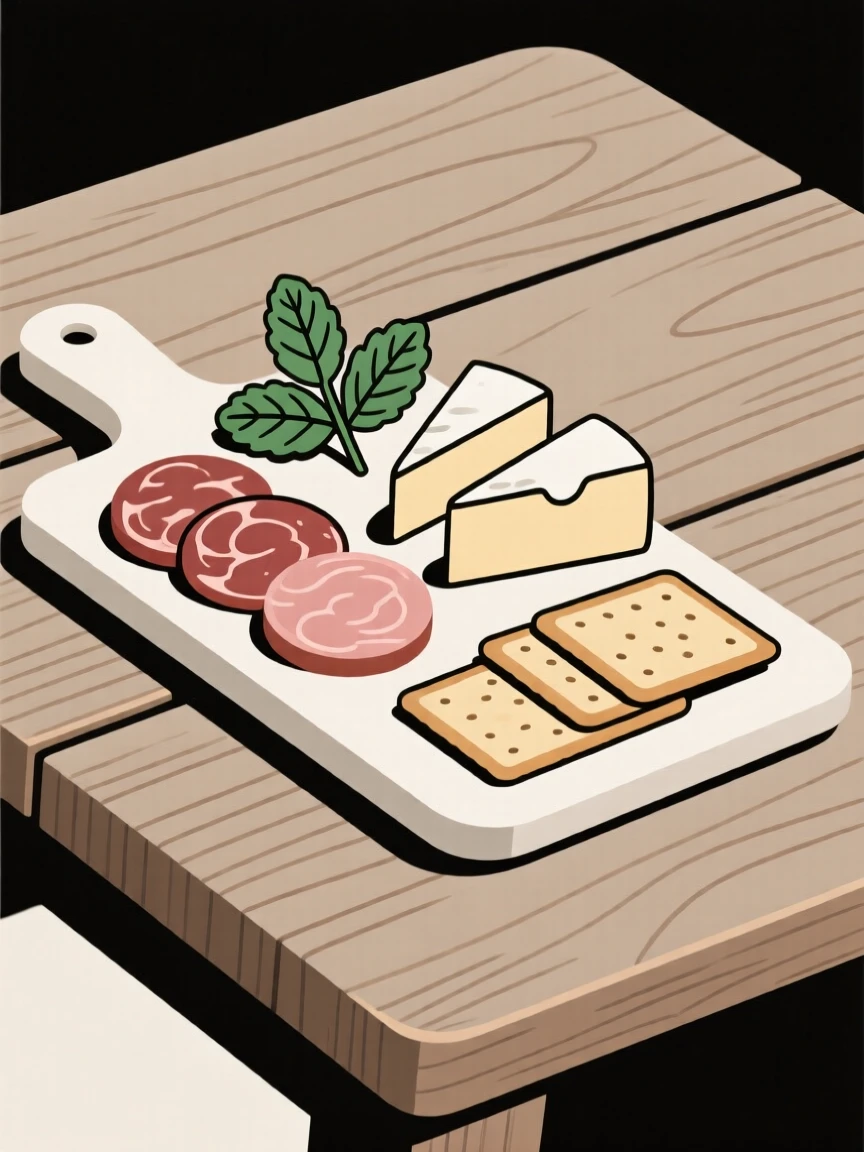 A close-up of charcuterie board arranged beside a sprig of mint in a rustic wooden table, full of simple satisfaction.