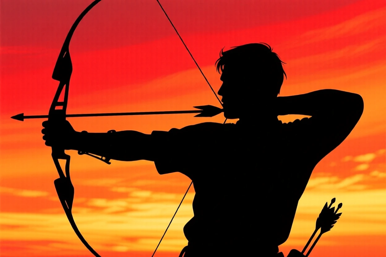 An archer at full draw, bowstring pulled back to the cheek.