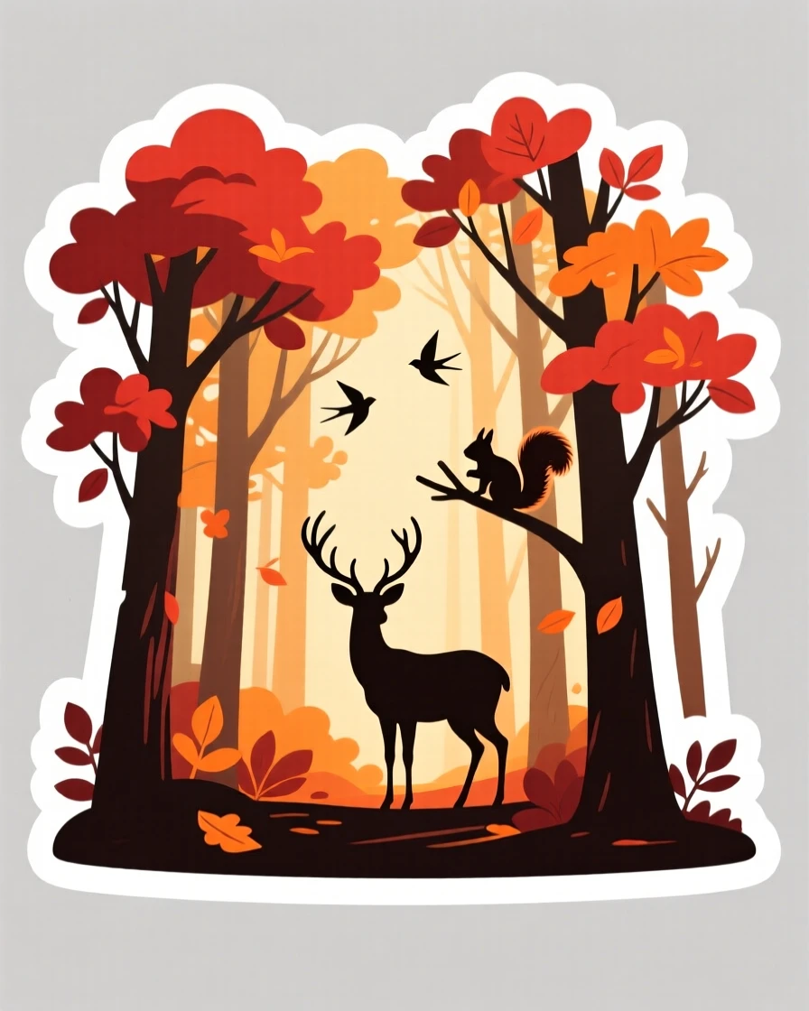 A calm and quiet autumn forest with fiery red and orange leaves, bathed in golden hour light, where wildlife roams freely.